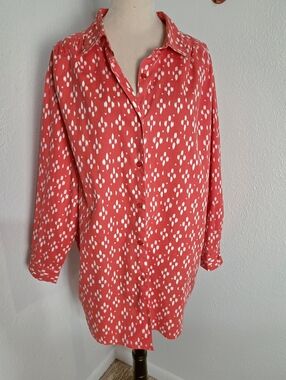 Roaman's Coral & White Speckled Print Button-down Shirt, Size 1X